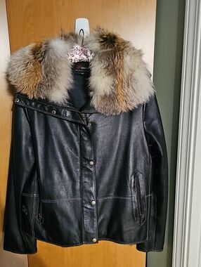 Danalli Dark Brown/balck Leather Jacket ,removable Multi-Tone Real Fur Collar